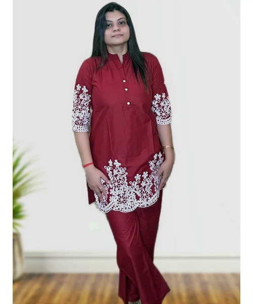 Maroon Cotton Silk Co-ord Set With Embroidery For Women