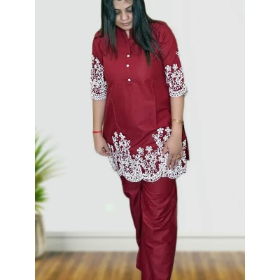 Maroon Cotton Silk Co-ord Set With Embroidery For Women