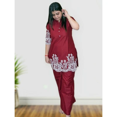 Maroon Cotton Silk Co-ord Set With Embroidery For Women