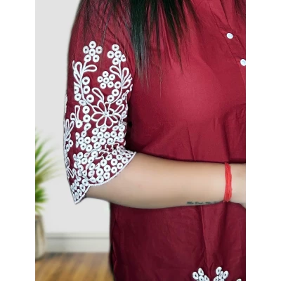 Maroon Cotton Silk Co-ord Set With Embroidery For Women