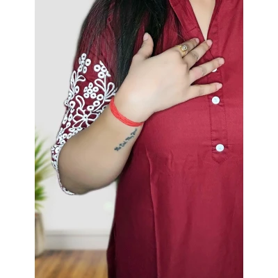 Maroon Cotton Silk Co-ord Set With Embroidery For Women