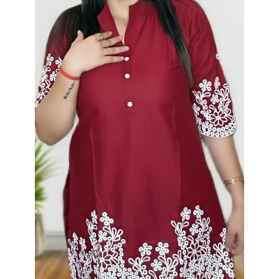 Maroon Cotton Silk Co-ord Set With Embroidery For Women