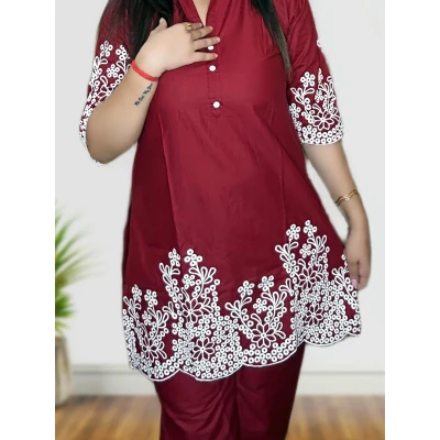 Maroon Cotton Silk Co-ord Set With Embroidery For Women