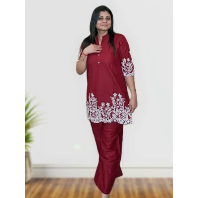 Maroon Cotton Silk Co-ord Set With Embroidery For Women