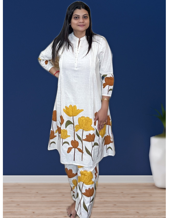 A model wearing Pure Khadi Long Co-ord Set For Women A model wearing Pure Khadi Long Co-ord Set For Women
