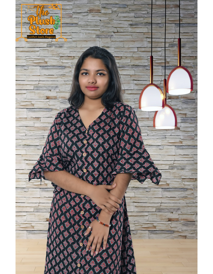 Pure Cotton Black Printed One Piece Mid-length Dress For Women