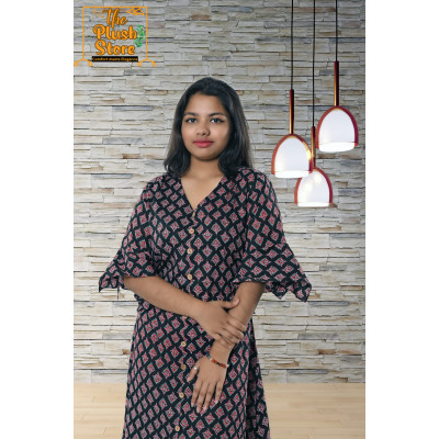 Pure Cotton Black Printed One Piece Mid-length Dress For Women