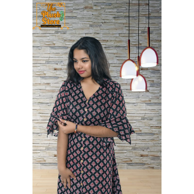 Pure Cotton Black Printed One Piece Mid-length Dress For Women