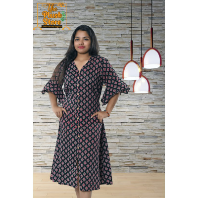 Pure Cotton Black Printed One Piece Mid-length Dress For Women