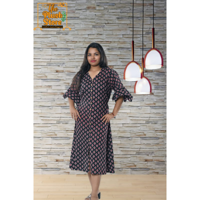 Pure Cotton Black Printed One Piece Mid-length Dress For Women
