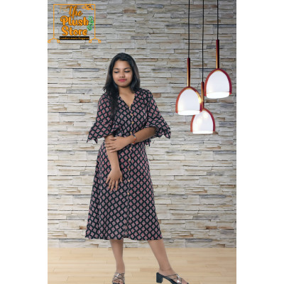 Pure Cotton Black Printed One Piece Mid-length Dress For Women
