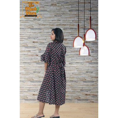 Pure Cotton Black Printed One Piece Mid-length Dress For Women