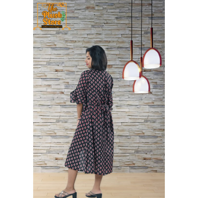 Pure Cotton Black Printed One Piece Mid-length Dress For Women