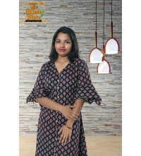 Pure Cotton Black Printed One Piece Mid-length Dress For Women