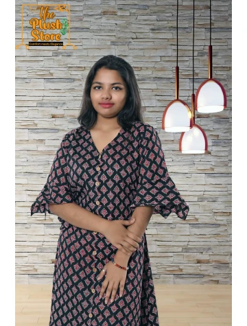 Pure Cotton Black Printed One Piece Mid-length Dress For Women  Pure Cotton Black Printed One Piece Mid-length Dress For Women data-sizes=