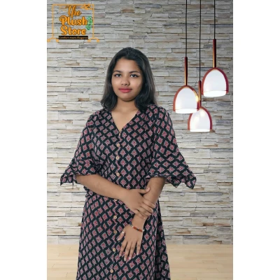 Pure Cotton Black Printed One Piece Mid-length Dress For Women