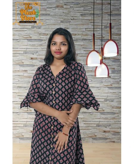 Pure Cotton Black Printed One Piece Mid-length Dress For Women