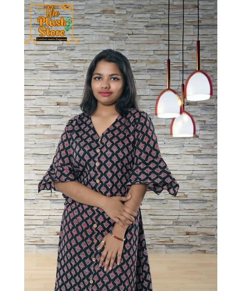 Pure Cotton Black Printed One Piece Mid-length Dress For Women