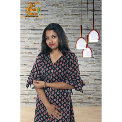 Pure Cotton Black Printed One Piece Mid-length Dress For Women