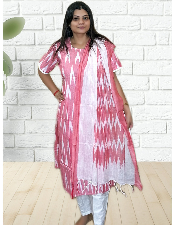 A model wearing Ikkat Salwar Set With Dupatta For Women A model wearing Ikkat Salwar Set With Dupatta For Women