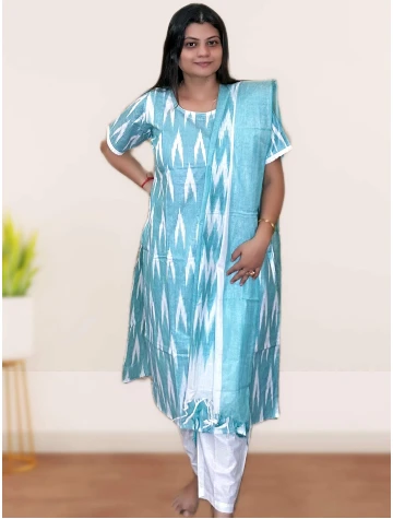 Pure Cotton Ikkat Salwar suit Set For Women in sky blue colour  Pure Cotton Ikkat Salwar suit Set For Women in sky blue colour data-sizes=