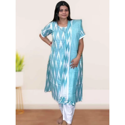 Pure Cotton Ikkat Salwar suit Set For Women in sky blue colour