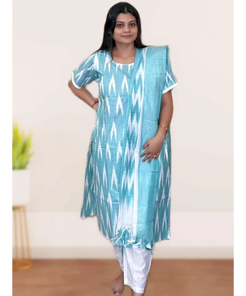 Pure Cotton Ikkat Salwar suit Set For Women in sky blue colour