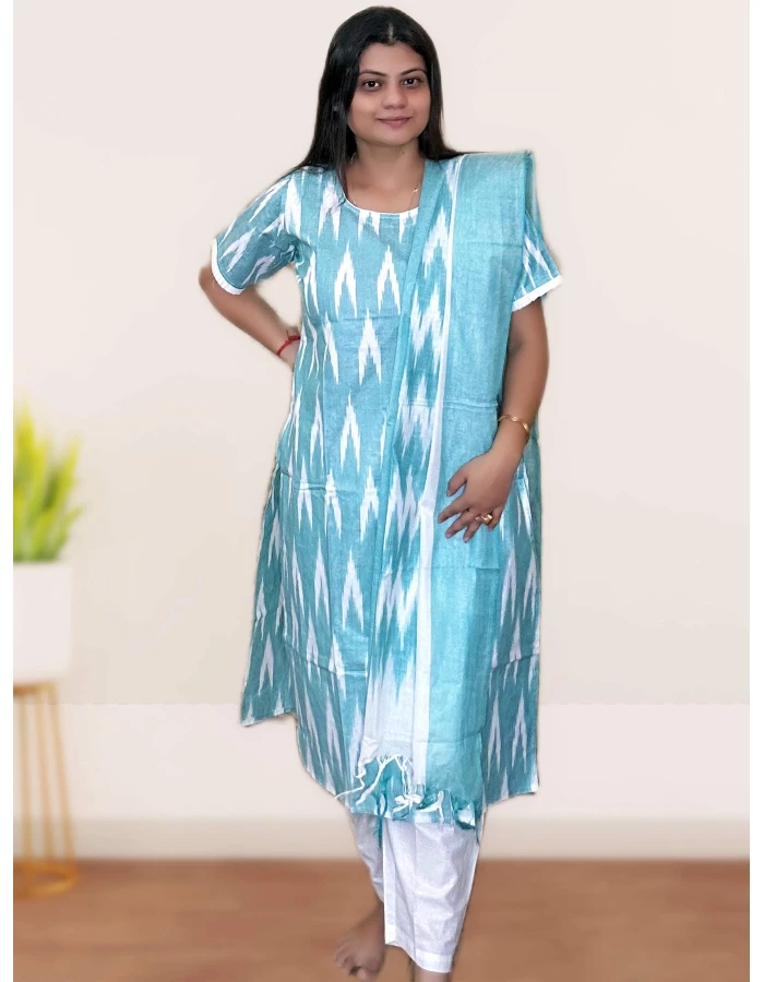 Pure Cotton Ikkat Salwar suit Set For Women in sky blue colour