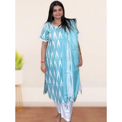 Pure Cotton Ikkat Salwar suit Set For Women in sky blue colour
