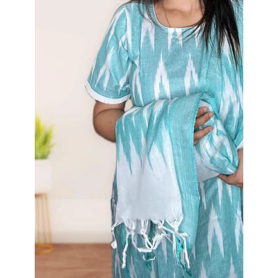 Pure Cotton Ikkat Salwar suit Set For Women in sky blue colour
