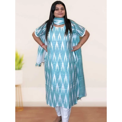 Pure Cotton Ikkat Salwar suit Set For Women in sky blue colour