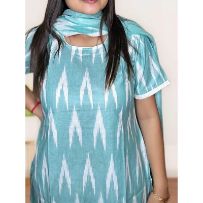 Pure Cotton Ikkat Salwar suit Set For Women in sky blue colour