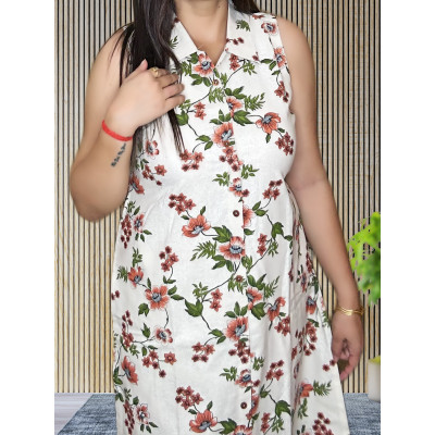 Khadi Cotton Floral Kurti Style Long Co-ord Set For Women