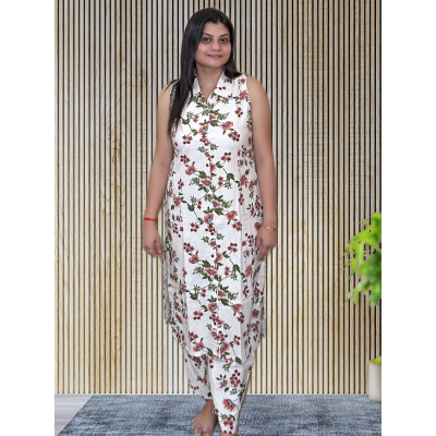 Khadi Cotton Floral Kurti Style Long Co-ord Set For Women