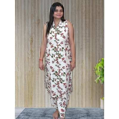 Khadi Cotton Floral Kurti Style Long Co-ord Set For Women
