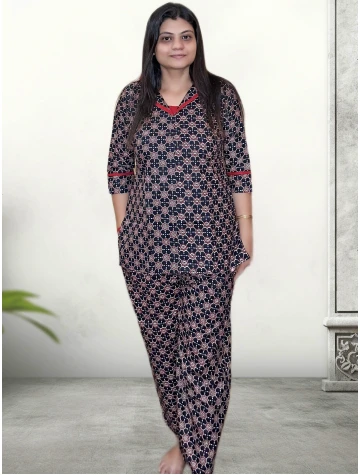 Pure Cotton Printed Black Co-ord Set For Women  Pure Cotton Printed Black Co-ord Set For Women data-sizes=