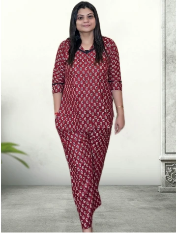 Pure Cotton Printed Rust Co-ord Set For Women  Pure Cotton Printed Rust Co-ord Set For Women data-sizes=