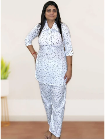 Pure Cotton White Printed Co-ord Set For Women  Pure Cotton White Printed Co-ord Set For Women data-sizes=