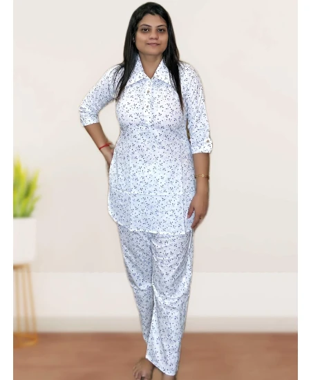 Pure Cotton White Printed Co-ord Set For Women