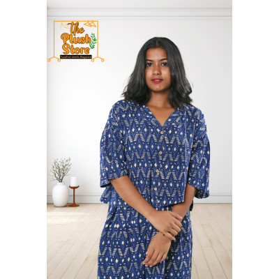 Pure Cotton Navy Blue Printed Co-ords Set For Women