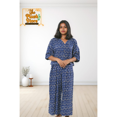 Pure Cotton Navy Blue Printed Co-ords Set For Women