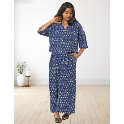 Pure Cotton Navy Blue Printed Co-ords Set For Women