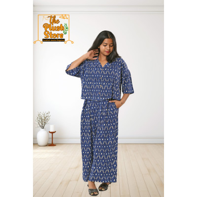 Pure Cotton Navy Blue Printed Co-ords Set For Women