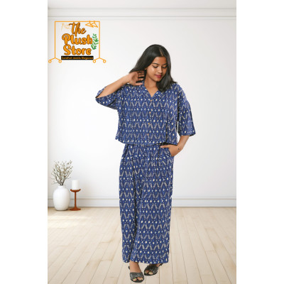 Pure Cotton Navy Blue Printed Co-ords Set For Women