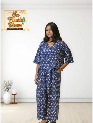 Pure Cotton Navy Blue Printed Co-ords Set For Women  Pure Cotton Navy Blue Printed Co-ords Set For Women data-sizes=