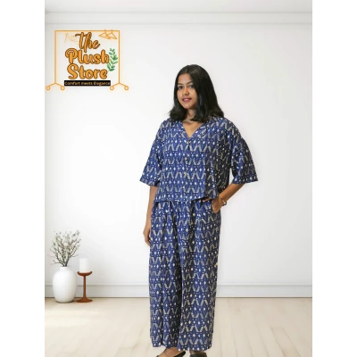 Pure Cotton Navy Blue Printed Co-ords Set For Women
