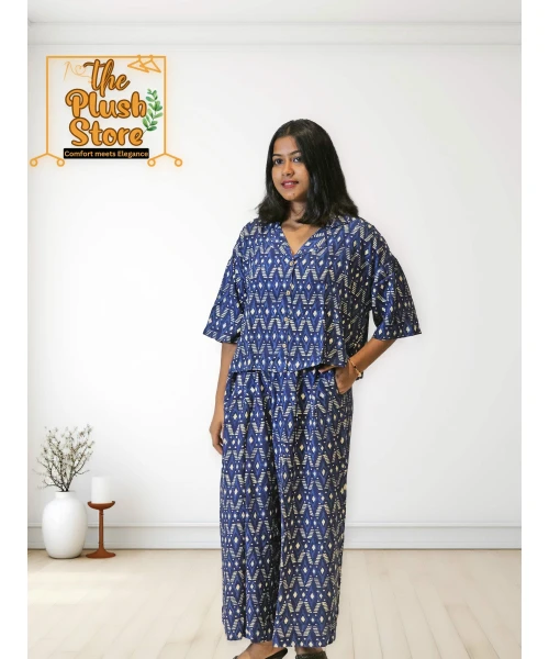 Pure Cotton Navy Blue Printed Co-ords Set For Women
