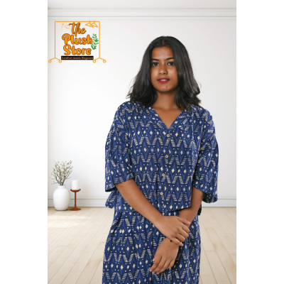 Pure Cotton Navy Blue Printed Co-ords Set For Women