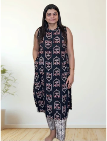 Pure Cotton Black Ethnic Kurti Pant Set For Women data-sizes=