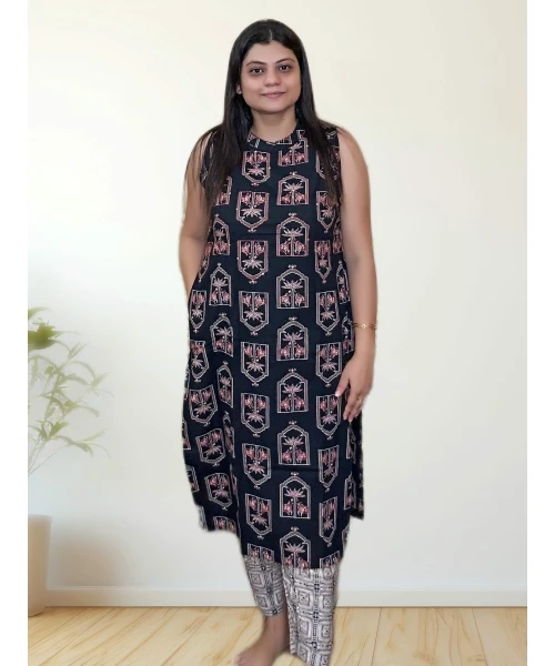 Pure Cotton Black Ethnic Kurti Pant Set For Women
